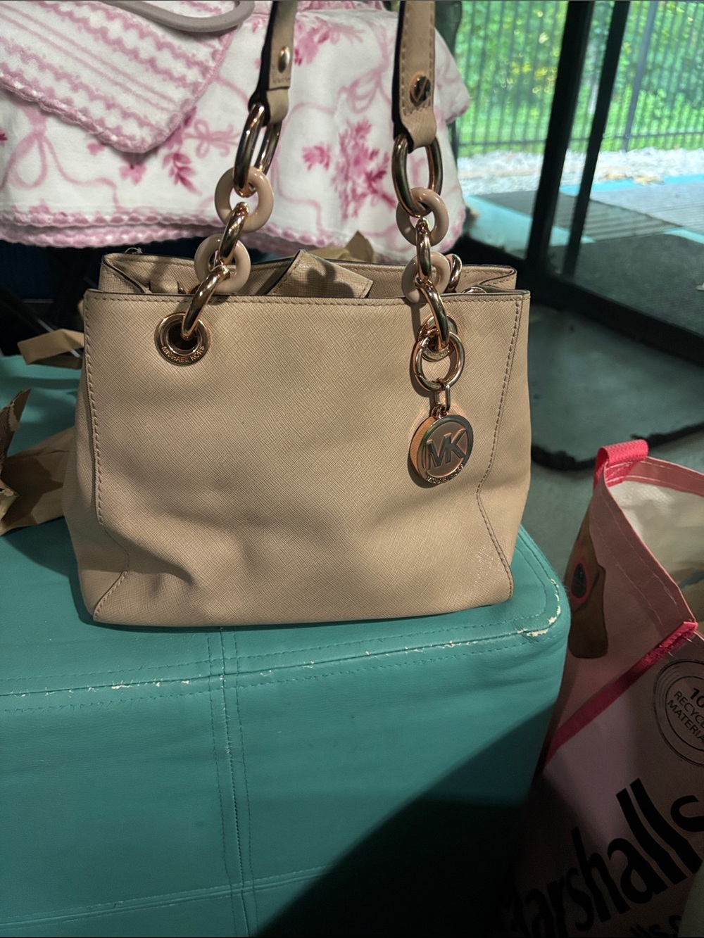 Michael Kors Beige Saffiano Leather Shoulder Bag with Gold MK Charm